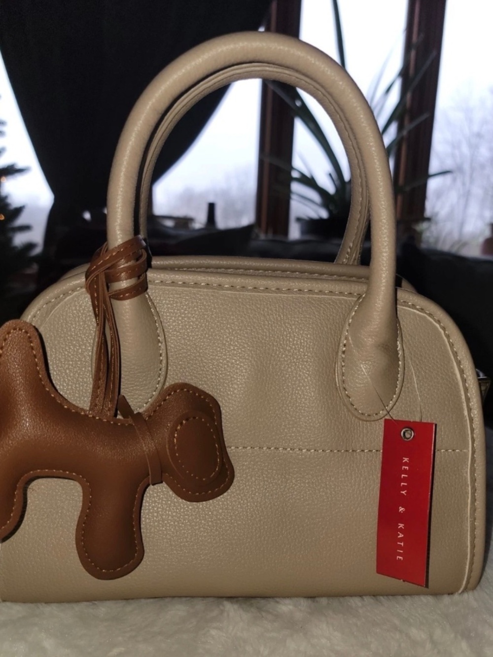 Kelly & Katie Beige Structured Satchel Bag with Dog Charm Accent
